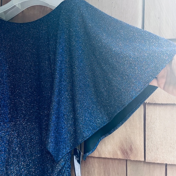 Jessica Howard Glittered Metallic Ruched Sheath Navy Flutter Sleeves Dress 14 - Picture 8 of 14